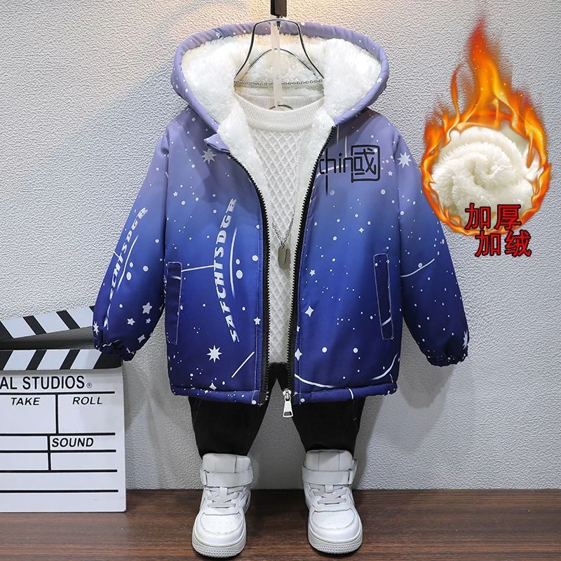 男童加绒外套加厚棉服2023秋冬新款中大童帅气羽绒服炸街女童儿童