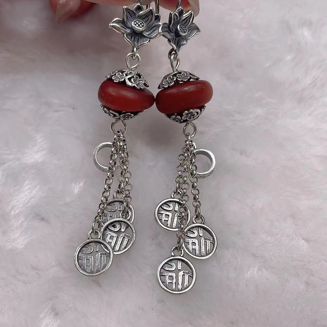 s925银重工手工复古做旧民族风天然老蜜蜡福牌流苏银饰耳坠248