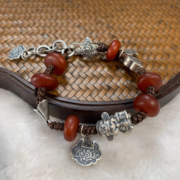 时尚气质复古编织纯手工精美民族风珠珠单圈红色镶嵌蜜蜡手链298