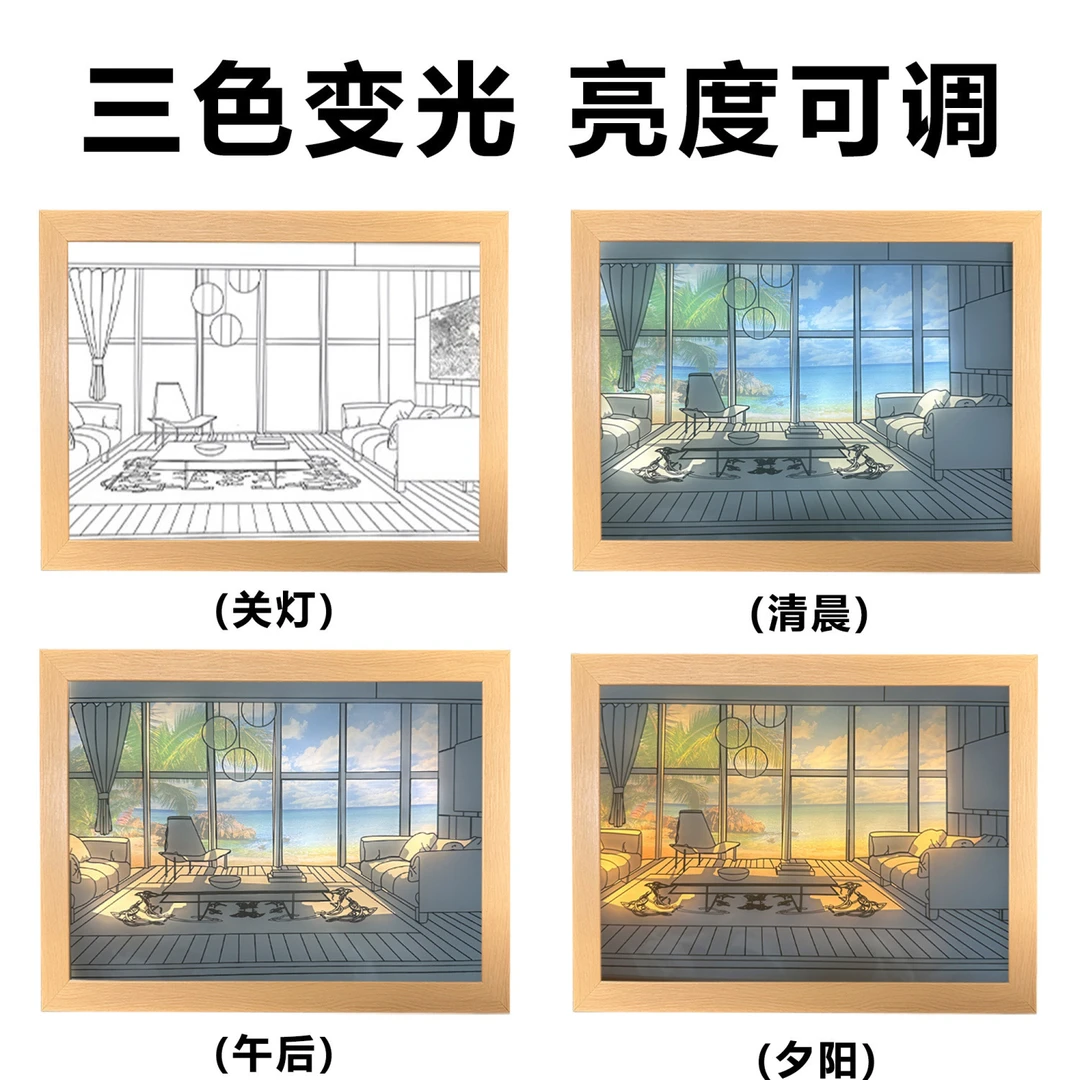 王也灯光画三色灯光发光画创意光影房间客厅卧室床头LED装饰画礼