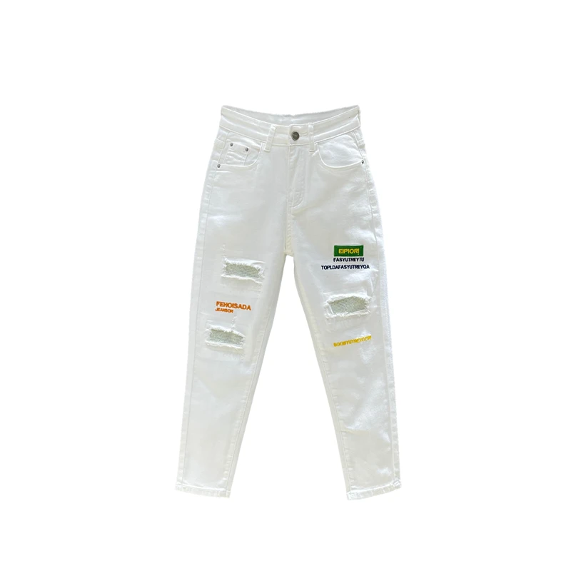 欧货白色牛仔裤女2024年春季新款磨破烫钻刺绣显瘦高腰九分哈伦裤