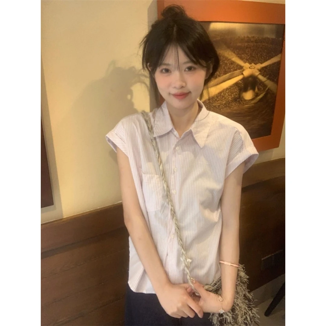 韩系简约条纹polo领衬衫女夏季2024新款时尚休闲百搭宽松短袖上衣
