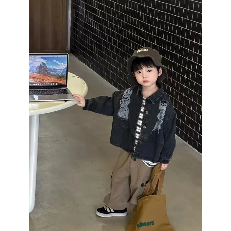 现货〃韩版男童2024秋新款儿童复古破洞洋气潮酷牛仔外套24105