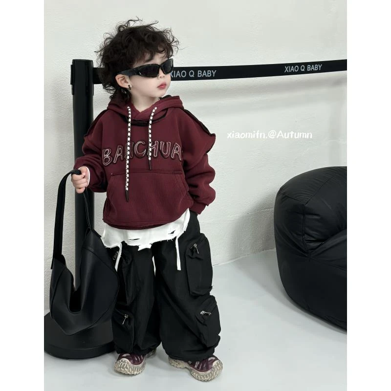 现货~拼接卫衣韩版男儿童2024秋冬时尚潮酷加绒洋气童装连帽24018