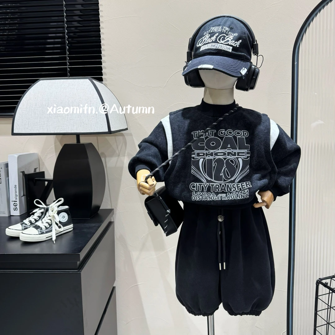 现货~加绒卫衣潮牌拼接韩版男童2024秋冬款印花儿童痞帅童装8728