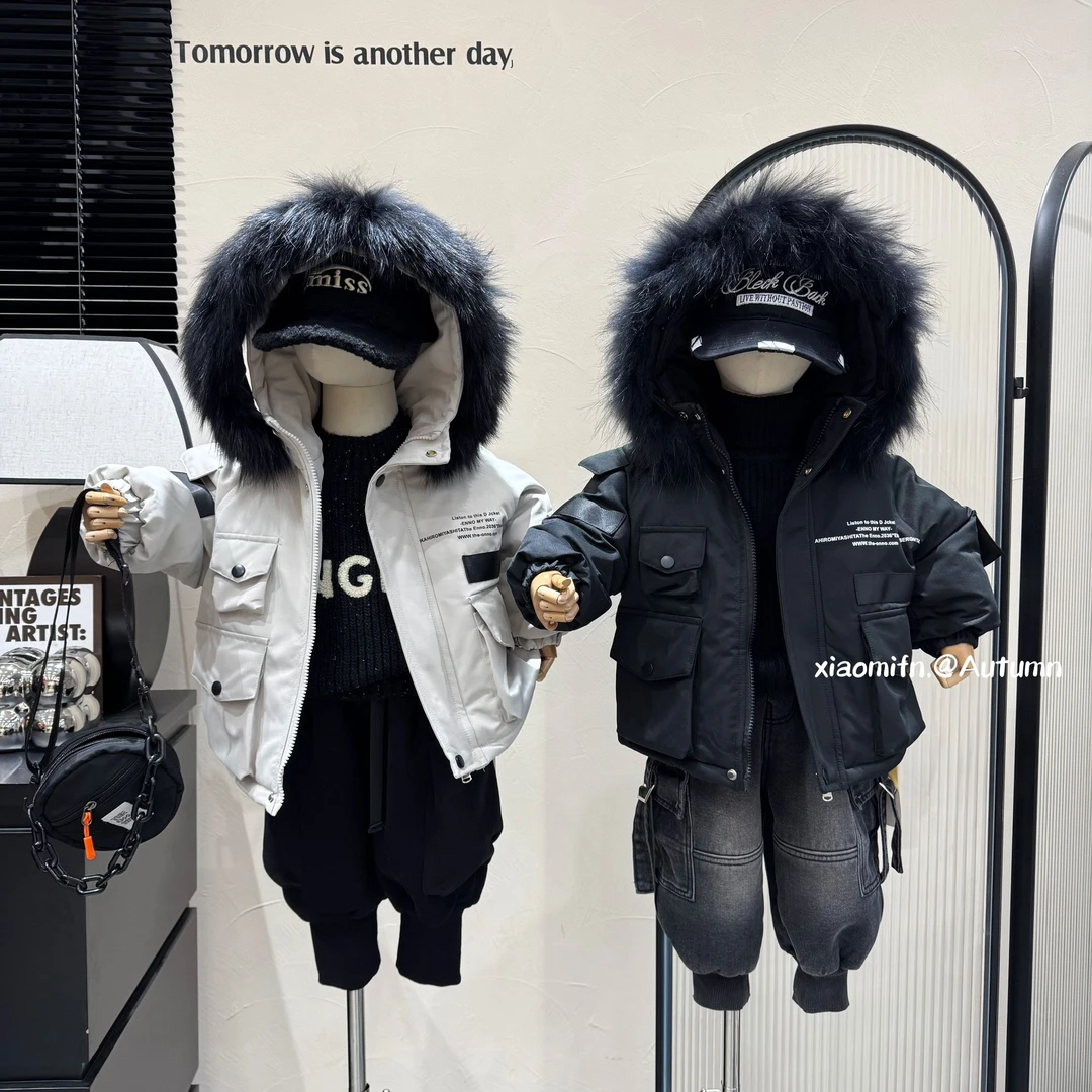 现货〃2024秋冬款真毛领韩版派克棉服时尚洋气外套男儿童装PK35