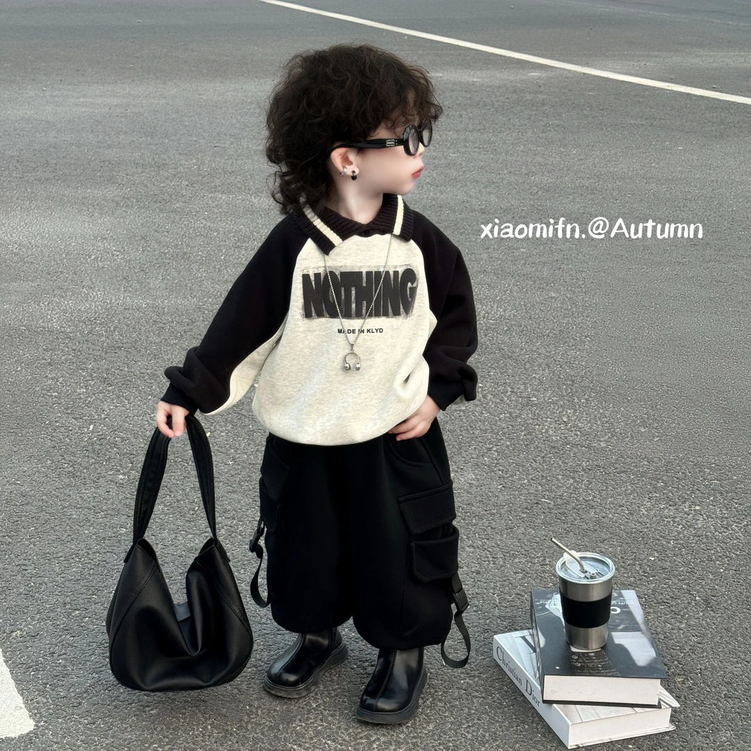 现货〃韩版男儿童2024秋冬重工印花圆领POLO洋气时尚卫衣痞帅8618