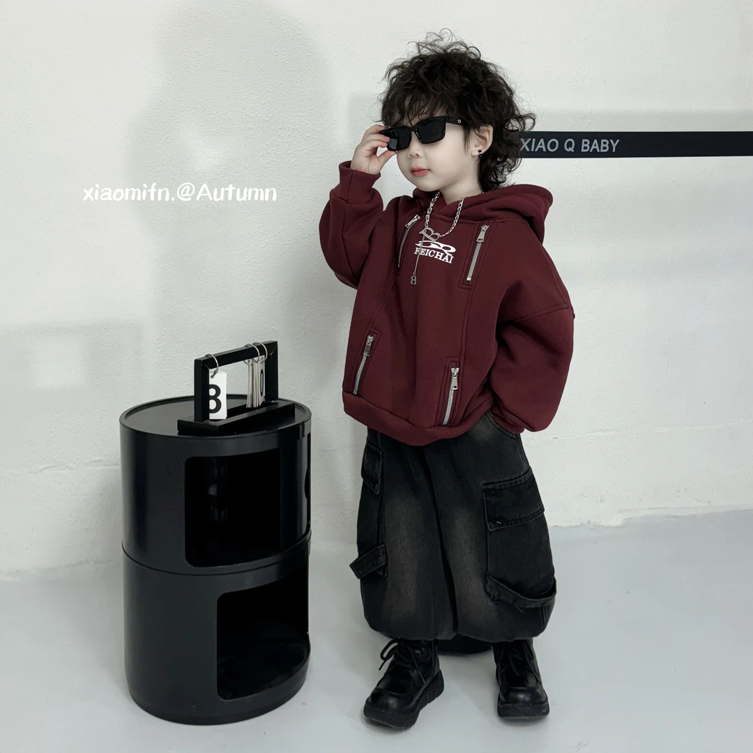 现货~重工拉链卫衣韩版男儿童2024秋冬圆领加绒痞帅加厚洋气1225