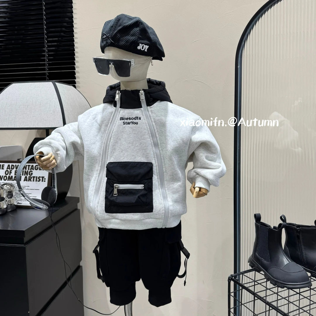 现货~韩版连帽加绒外套重工男儿童2024秋冬新款洋气童装痞帅53059