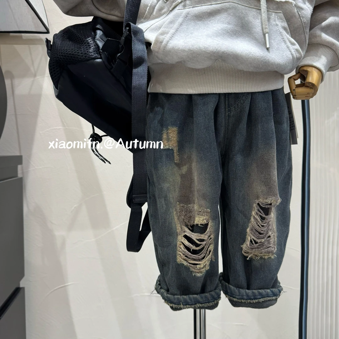 现货〃米哆多复古做旧牛仔长裤男儿童2024秋冬时尚破洞加绒洋气289