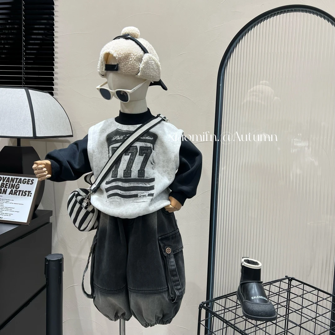 现货~加绒卫衣韩版男童2024秋冬款潮酷印花儿童时尚童装痞帅87020