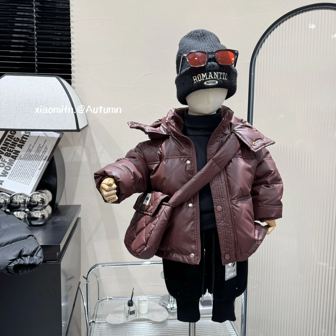 现货【花生壳】2024冬季皮衣款羽绒服韩版男儿童连帽冲锋外套1609