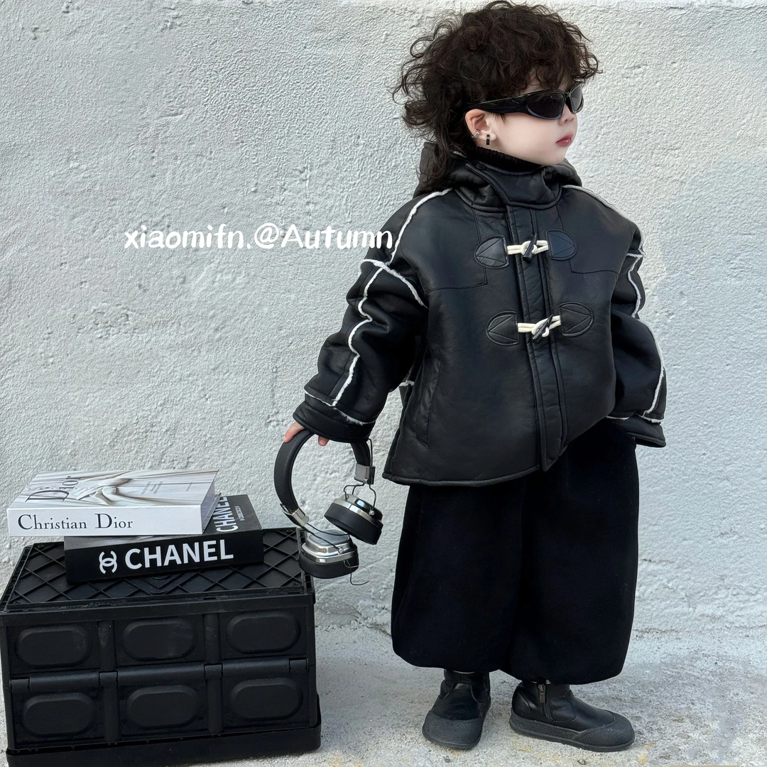 现货~加绒皮毛一体连帽外套棉服洋气男儿童韩版2024秋冬款B0080