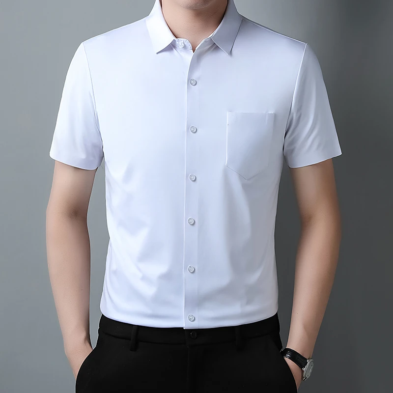 2024夏季新款男士短袖衬衫无痕高弹真口袋上衣透气软冰丝衬衣职业