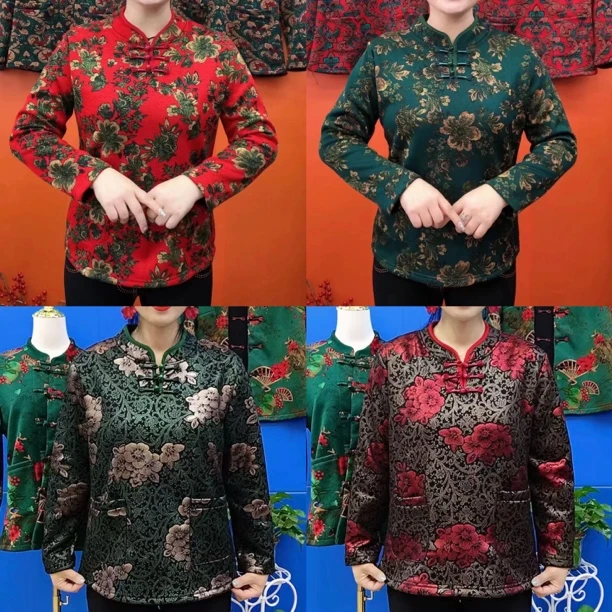 加绒复古印花提花宽松时尚套头衫秋冬妈妈装