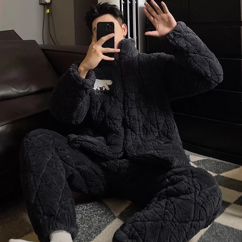 男士睡衣冬季珊瑚绒三层夹棉袄加厚加绒保暖男款秋冬天家居服套装