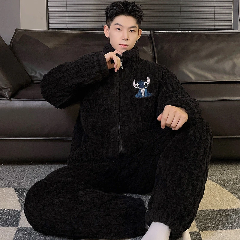青少年睡衣男冬季珊瑚绒三层夹棉袄卡通加厚加绒男士秋冬款家居服
