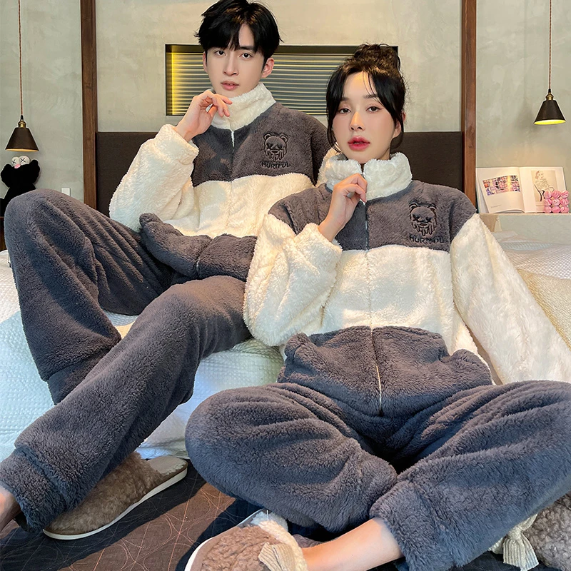 秋冬季珊瑚绒情侣睡衣女士加厚加绒保暖法兰绒男士冬天家居服套装