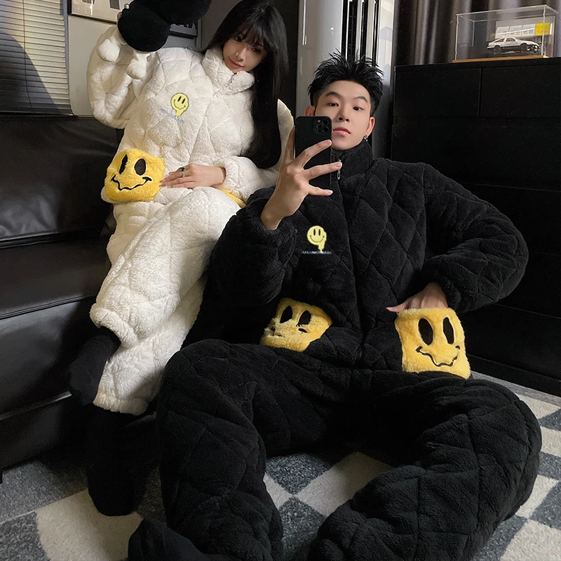 情侣睡衣冬季三层夹棉加厚加绒保暖珊瑚绒男女士冬天款家居服套装
