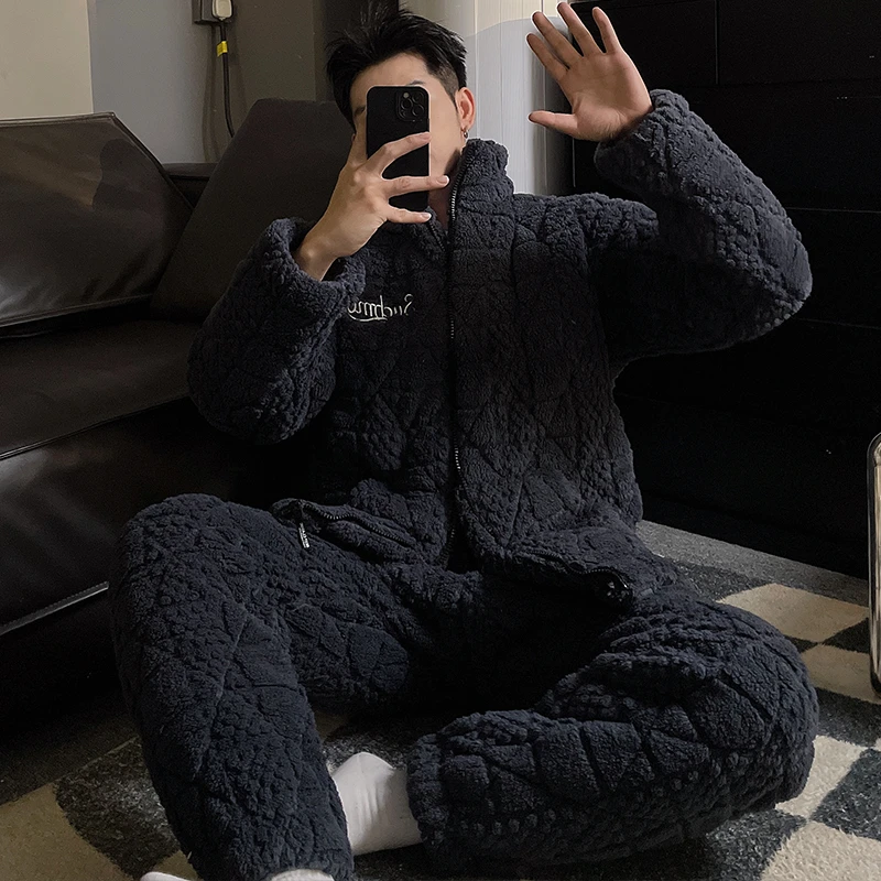 男士睡衣冬季三层夹棉加厚简约字母青少年男秋冬珊瑚绒家居服套装