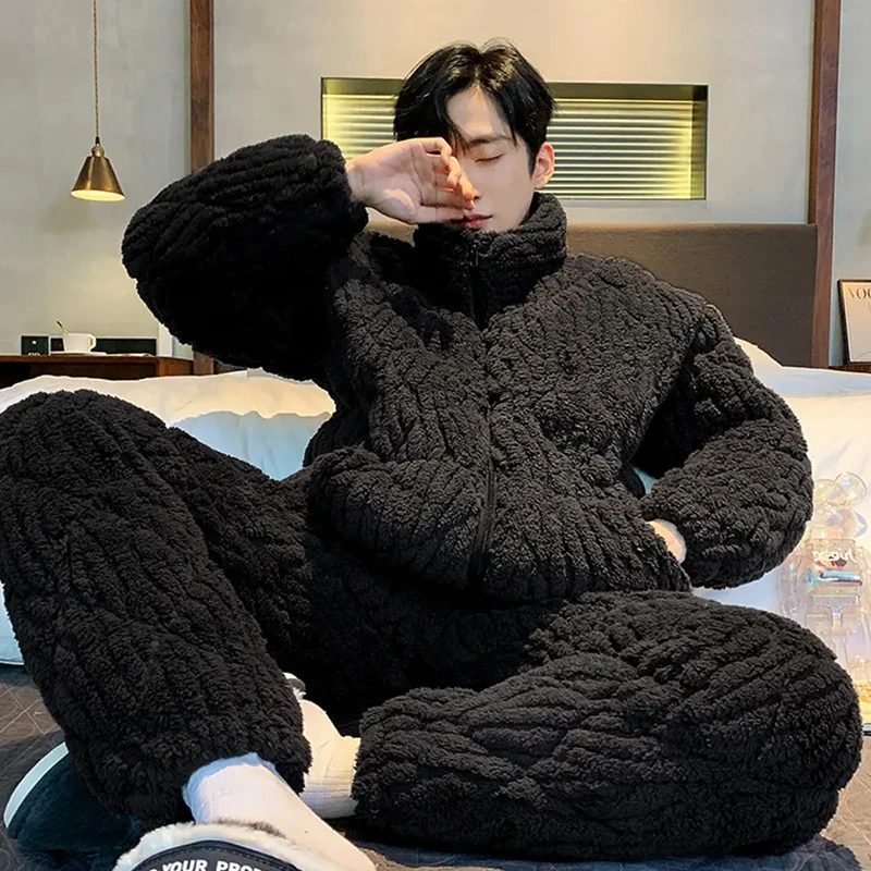 睡衣秋冬款男士三层夹棉加绒加厚韩版家居服冬天外穿家居服套装
