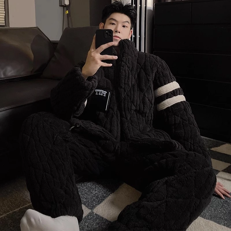 珊瑚绒睡衣男冬款2023新款加厚加绒三层夹棉袄冬季男士家居服套装
