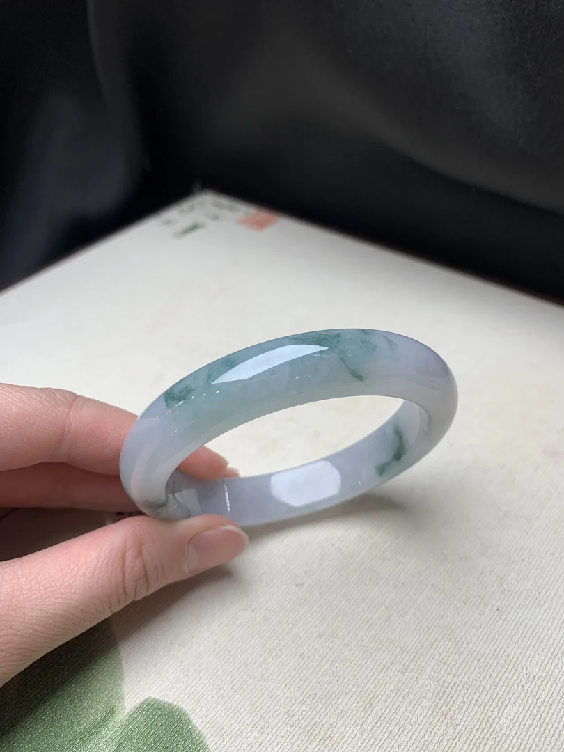 57圈口飘蓝花正圈天然缅甸翡翠手镯#货号5-16