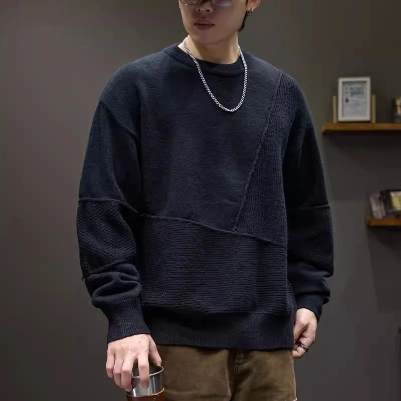 潮龛美式设计感拼接圆领毛衣男士秋冬季新款宽松潮牌百搭针织衫男