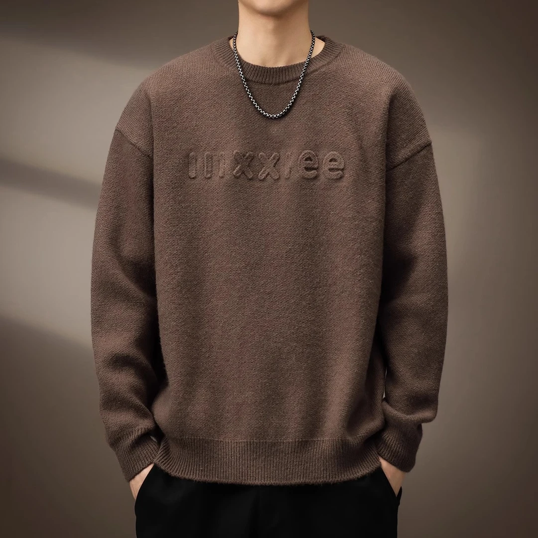 潮龛高端字母印花套头毛衣男2024秋季新款圆领美式针织衫上衣男