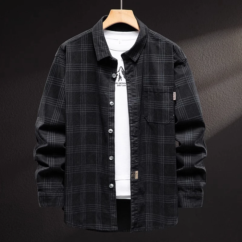 潮龛衬衫男春秋季2024新款加绒加厚大码格子百搭休闲潮牌工装外套