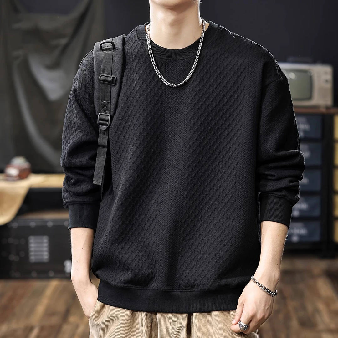 潮龛纹理感提花重磅美式圆领卫衣男士秋冬黑色长袖男款秋季上衣