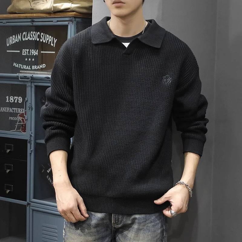 潮龛秋季重磅复古针织衫Polo毛衣男宽松春秋潮牌慵懒休闲内搭外套