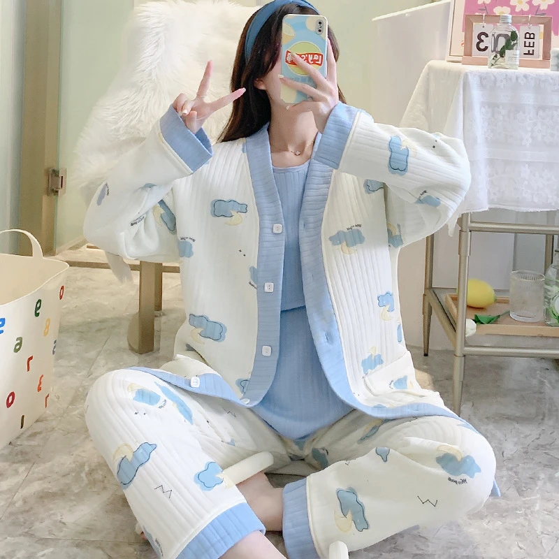 月子服三件套秋冬季加厚春秋产后哺乳套装孕妇睡衣12月份空气棉11