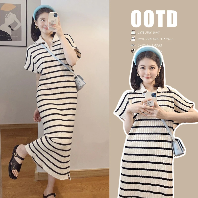 孕妇新款连衣裙夏款翻领短袖针织面料经典条纹气质名媛风裙子