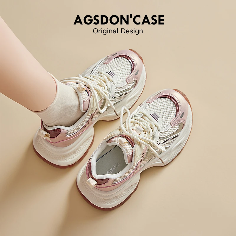 奥古狮登运动鞋女夏季新款2024透气网面复古厚底增高休闲老爹鞋女