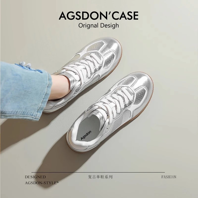 奥古狮登银色透气德训鞋女2024夏季小众高级感小白鞋配裙子休闲鞋