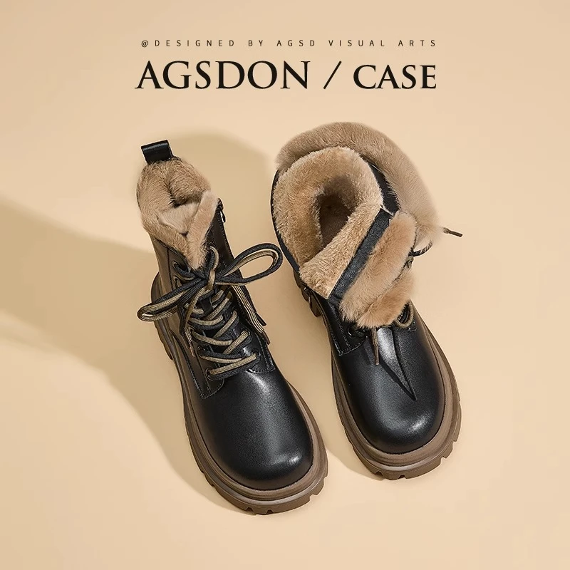 奥古狮登黑色雪地靴女款2025新款冬季加绒加厚马丁靴短靴东北棉鞋