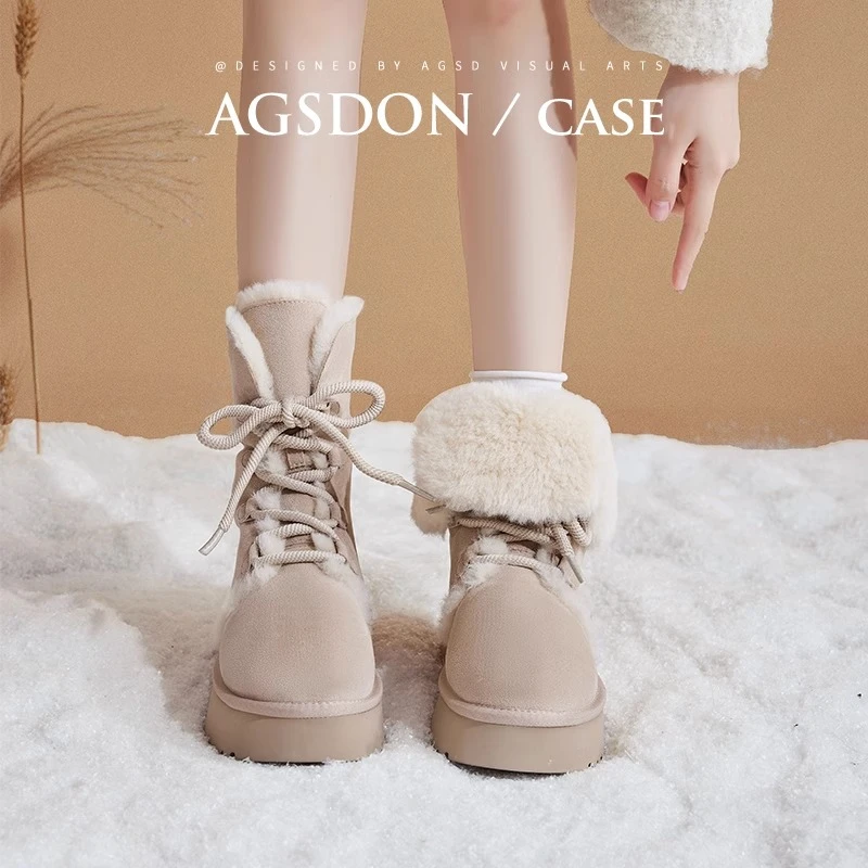 奥古狮登加绒雪地靴女2025新款秋冬季厚底东北防寒棉鞋毛毛马丁靴