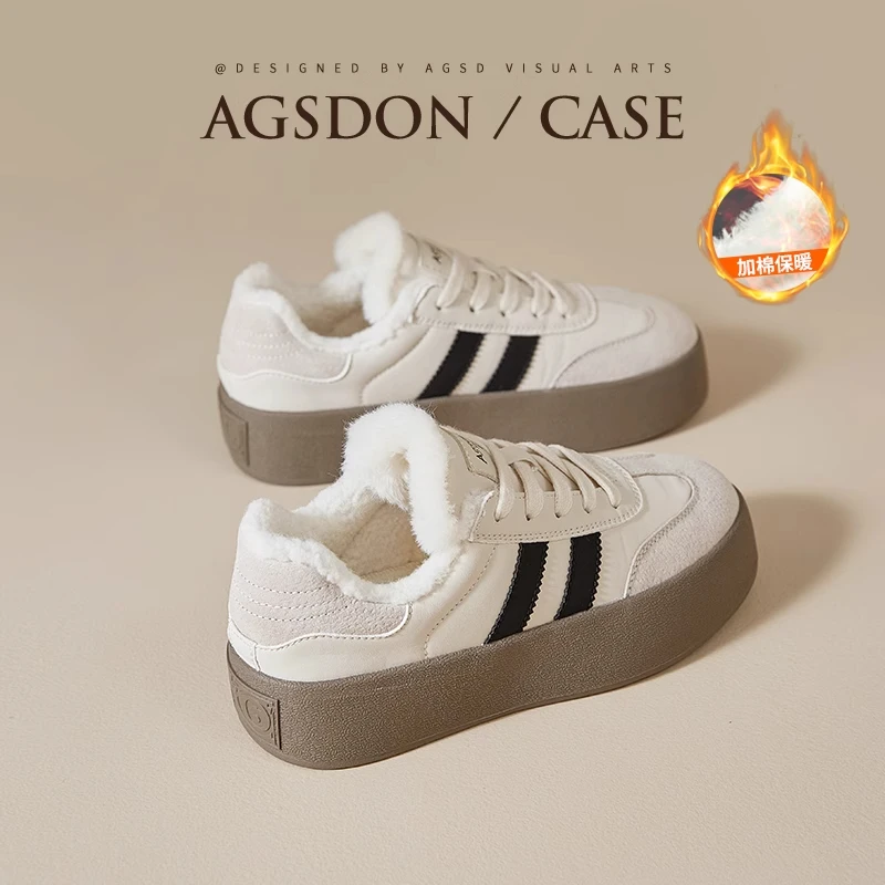 奥古狮登加绒德训鞋女2025新款秋冬季保暖棉鞋厚底板鞋运动小白鞋