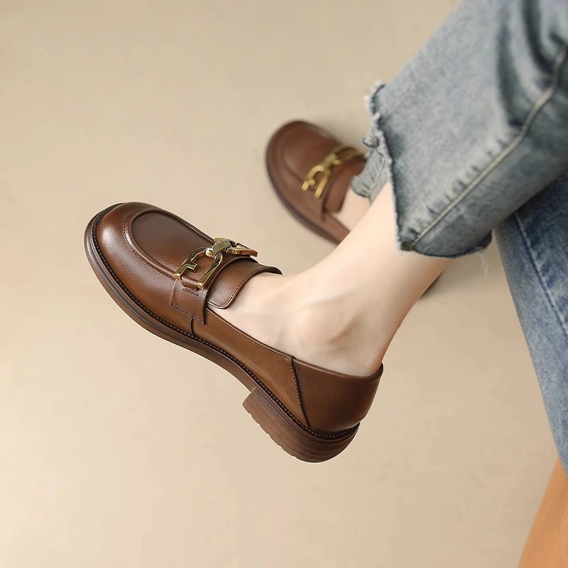 奥古狮登真皮乐福鞋女2025新款秋季一脚蹬平底通勤英伦单鞋小皮鞋