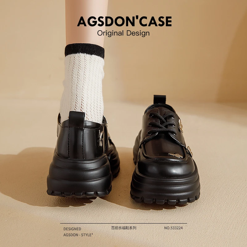 奥古狮登厚底乐福鞋女2025新款秋季松糕系带英伦风黑色蝴蝶小皮鞋