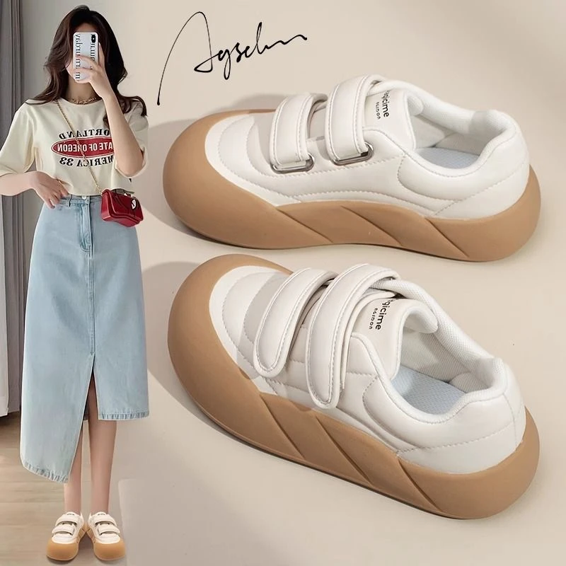 奥古狮登魔术贴小白鞋女2023新款秋冬厚底丑萌面包鞋爆款休闲板鞋