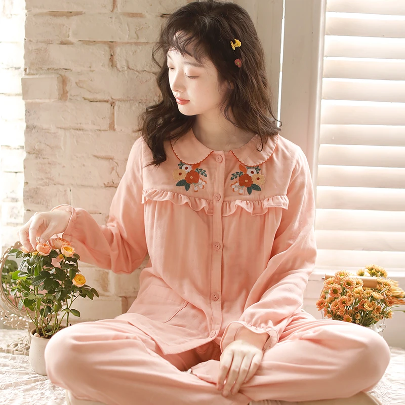 『青初霁』新款春秋睡衣女士长袖三层纯棉纱布家居服高颜值MR221304