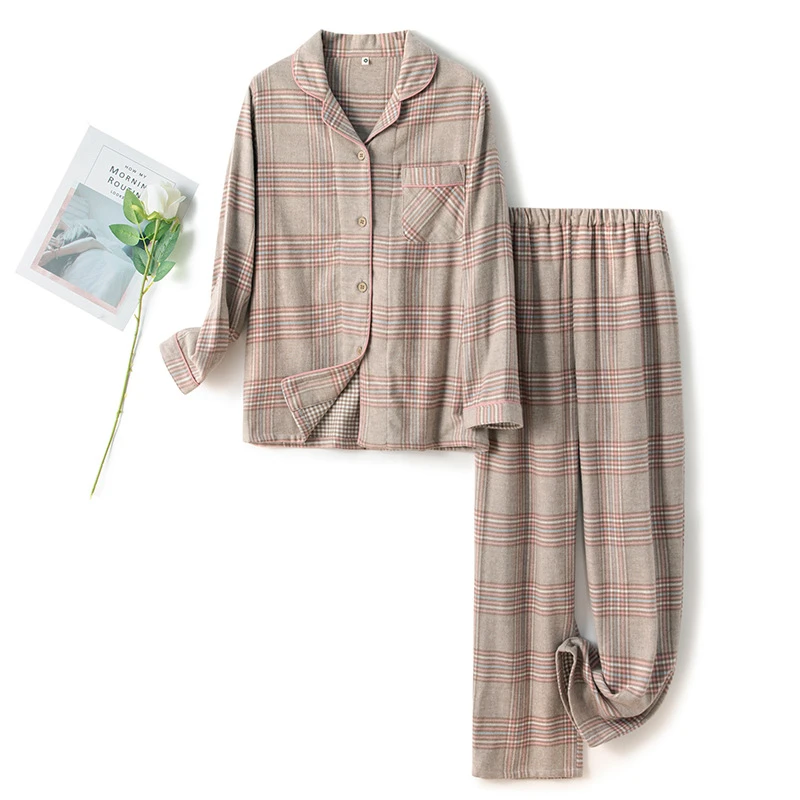『远山』秋冬简约格纹纯棉双层磨毛绒布长袖睡衣家居服套装LZ2261