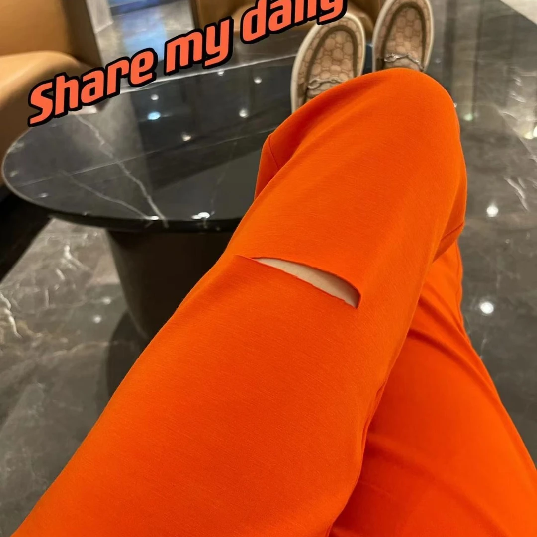 欣雨欣时尚橘色休闲裤2023新款夏款修身洋气百搭