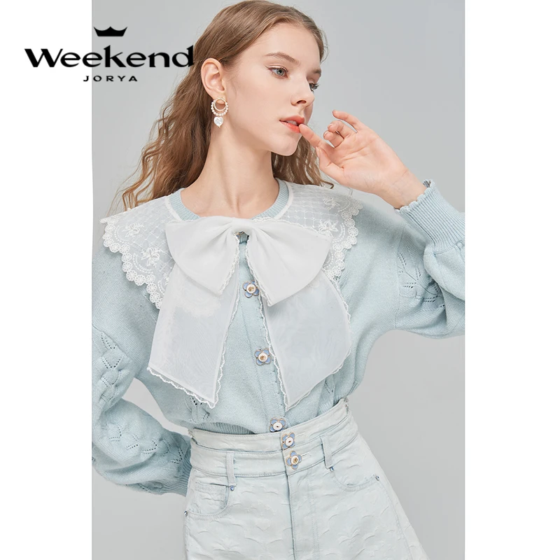 JORYA weekend春甜美绣花翻领蝴蝶结扭花单排扣针织衫EJWDAQ68
