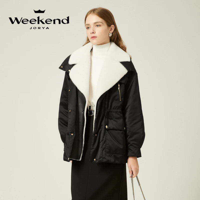 卓雅周末年冬季新大翻领毛绒皮革拼接假两件短羽绒服EJWDDW26