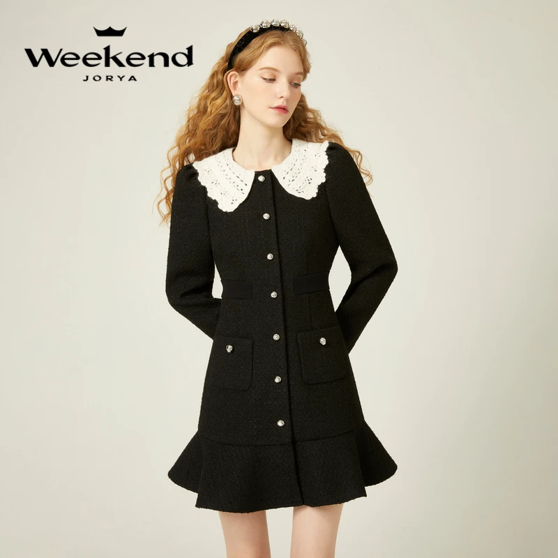 卓雅周末秋冬黑色可拆织花领小香风单排扣荷叶边连衣裙EJWDDR84