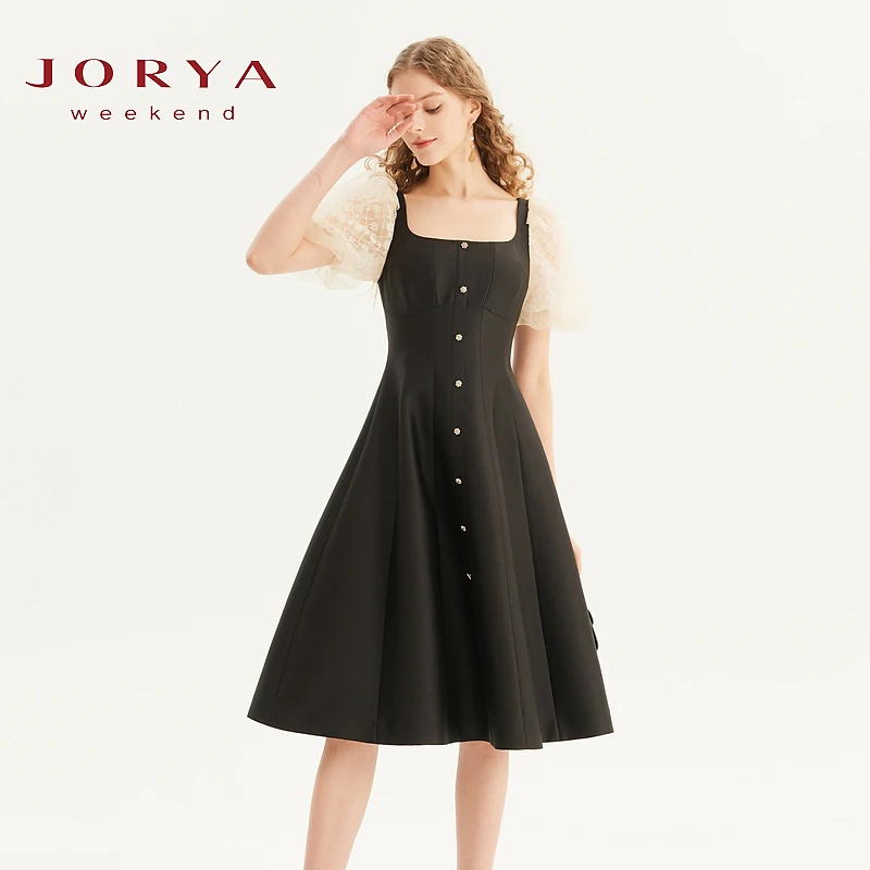 JORYA weekend夏季法式优雅复古拼接网纱修身连衣裙EJWDBQ68