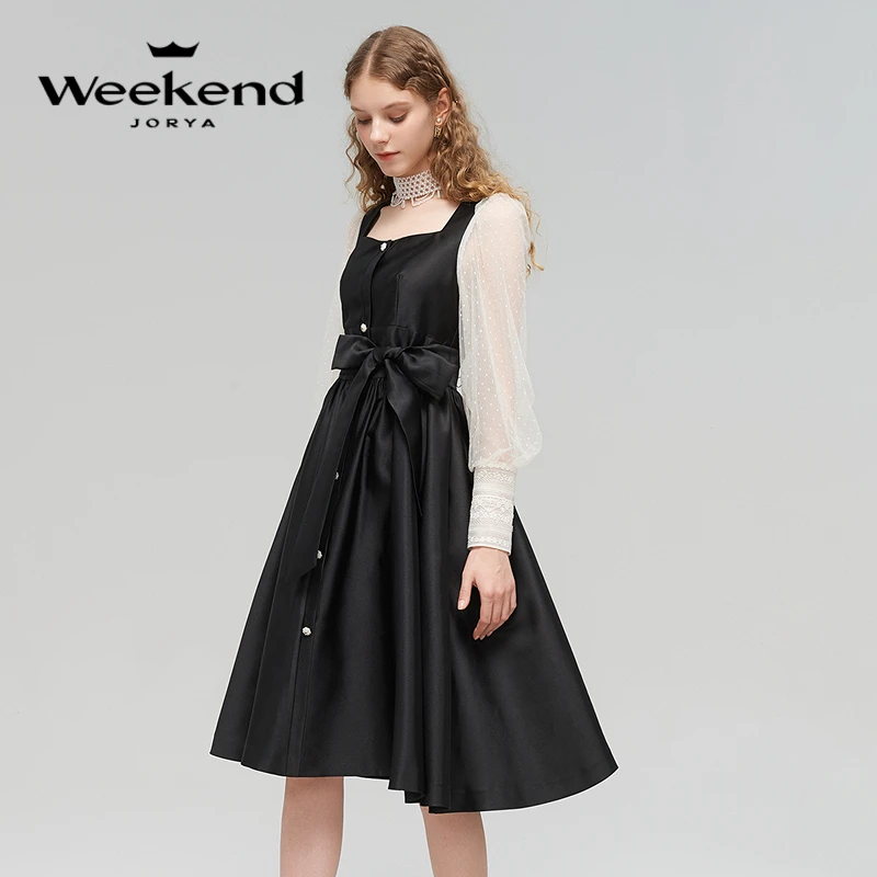 卓雅周末新款法式优雅复古方领网纱拼接收腰赫本连衣裙EJWDAC